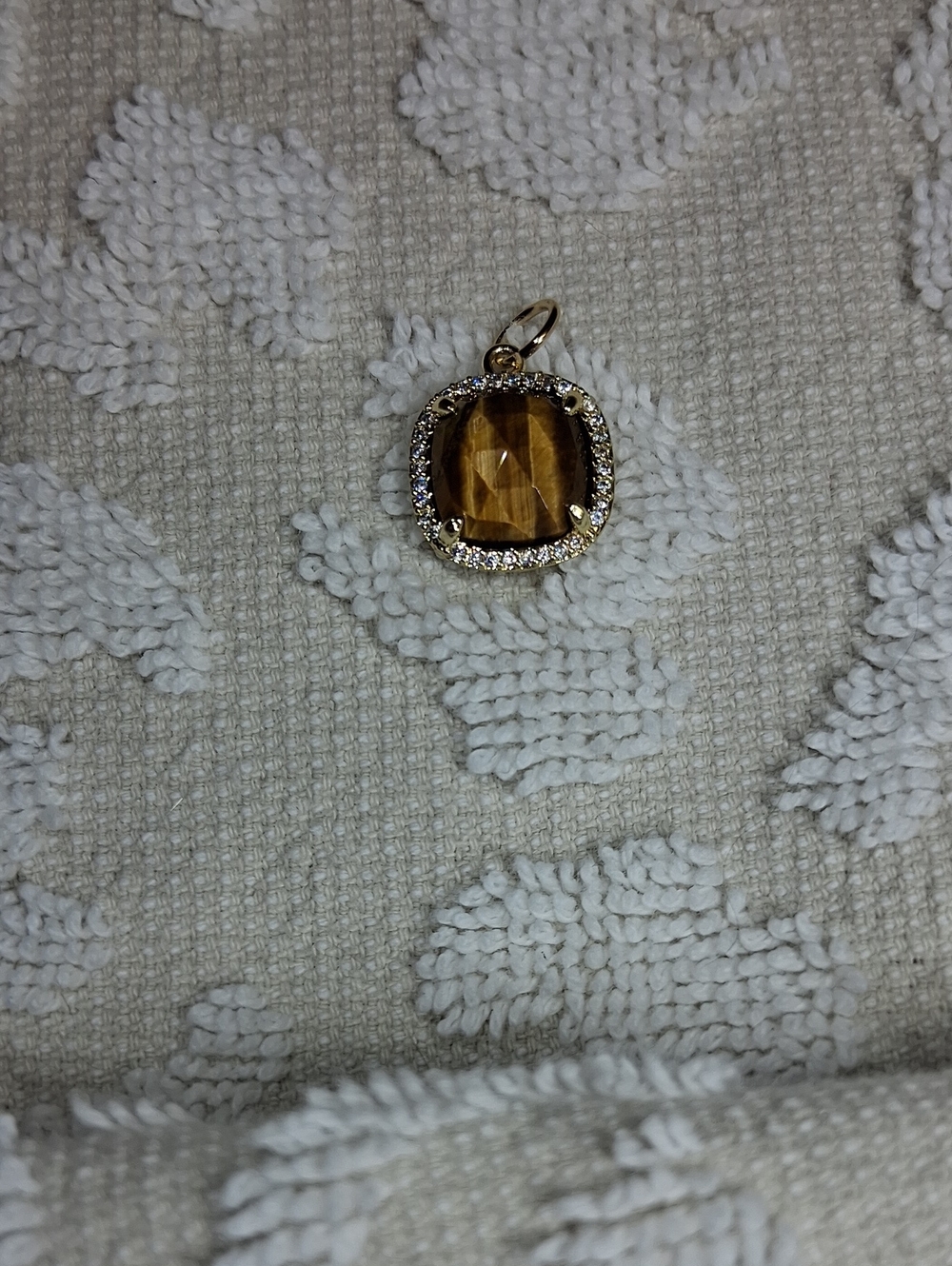 Genuine Tigers Eye Pendant, Set In Base Metal Surrounded With Pave' Cz's